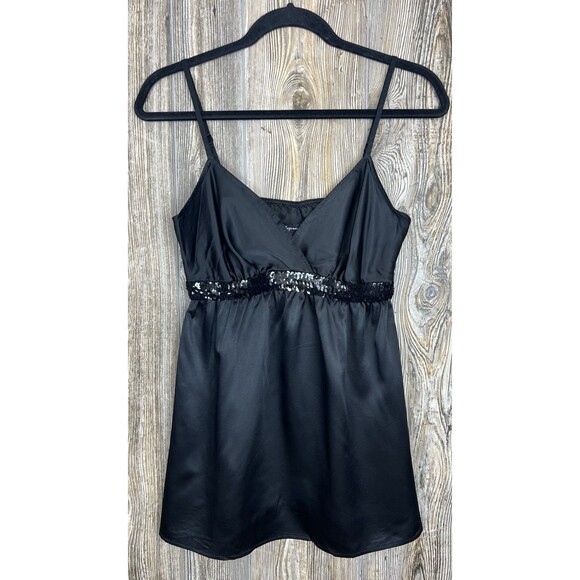 Express Womens Babydoll Top Black Spaghetti Strap Sequin Small Y2K Glam Rock - Picture 1 of 13
